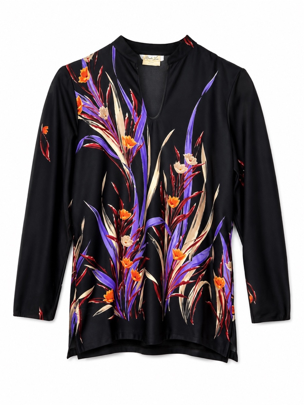 Vintage Rhoda Lee Size 10 Black Floral V Neck Tunic Top Long Sleeve